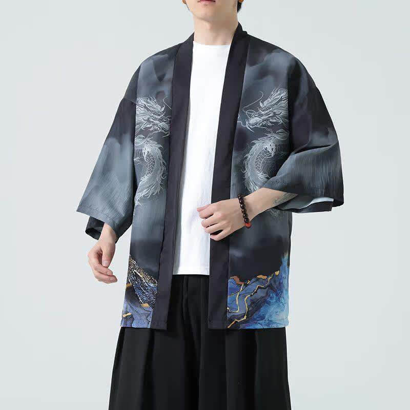 Buddha Stones 夏用カジュアル龍山柄前開きメンズ着物 - 黒 - US/UK/AU46、 EU56 (5XL) - image 0