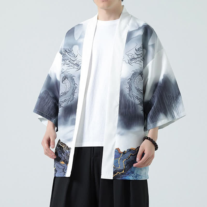 Buddha Stones 夏用カジュアル龍山柄前開きメンズ着物 - ホワイトスモーク - US/UK/AU46、 EU56 (5XL) - image 13