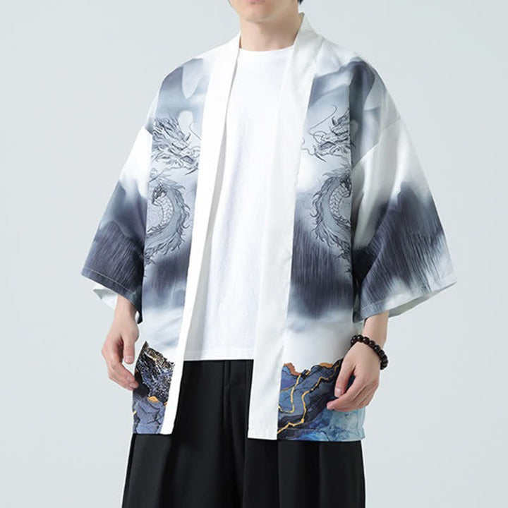 Buddha Stones 夏用カジュアル龍山柄前開きメンズ着物 - ホワイトスモーク - US/UK/AU46、 EU56 (5XL) - image 13