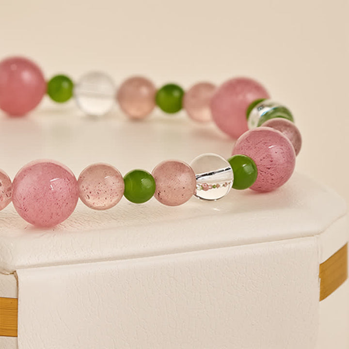 Buddha Stones ストロベリークォーツ、グリーンアゲート、クリアクォーツのヒーリングブレスレット - image 4
