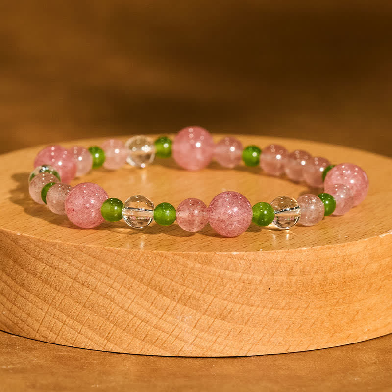 Buddha Stones ストロベリークォーツ、グリーンアゲート、クリアクォーツのヒーリングブレスレット - image 1