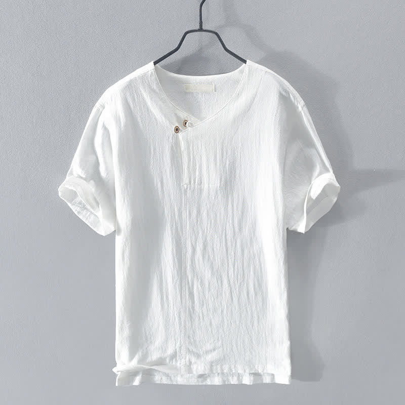 Buddha Stones 夏物カジュアル アシンメトリーVネック ボタン付き無地メンズ半袖シャツ - 白 - US/UK/AU42、 EU52 (3XL) - image 12