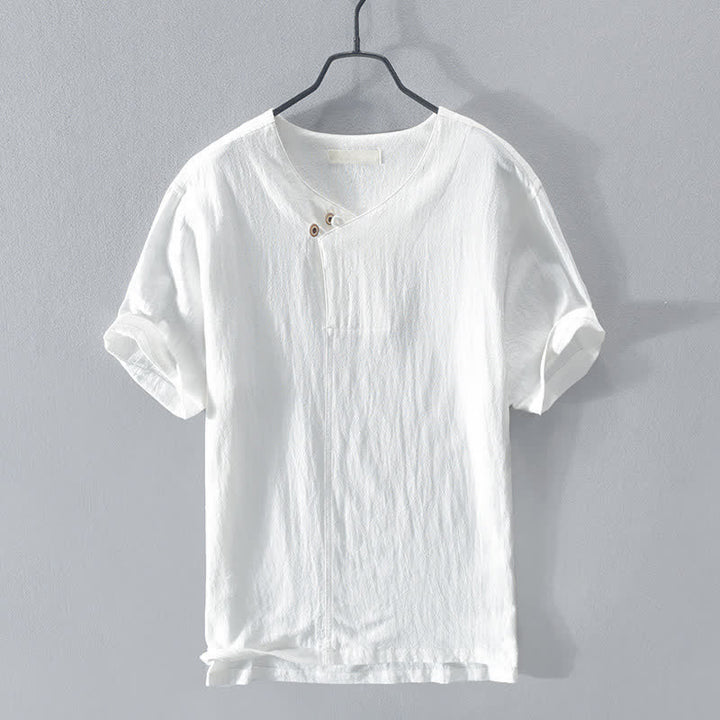 Buddha Stones 夏物カジュアル アシンメトリーVネック ボタン付き無地メンズ半袖シャツ - 白 - US/UK/AU42、 EU52 (3XL) - image 12