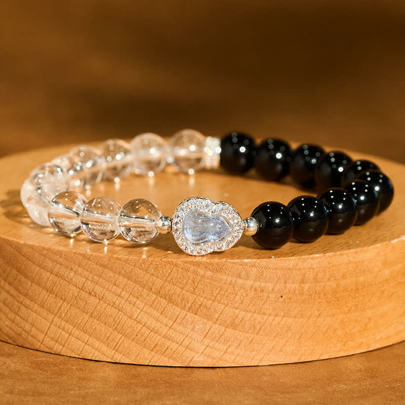 Buddha Stones クリアクォーツとブラックオブシディアン、ひょうたん型の透明ブレスレット - image 1