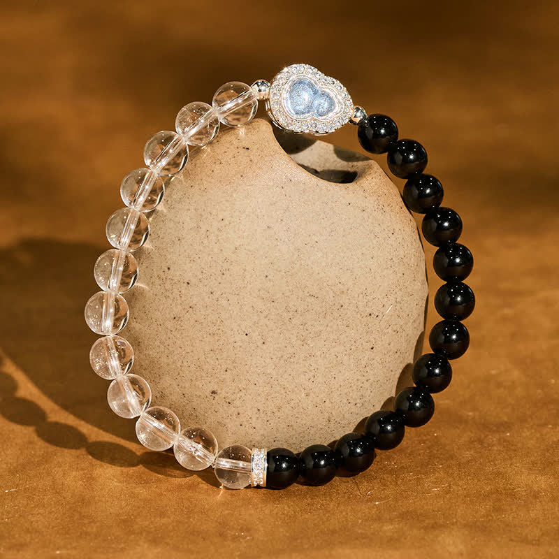 Buddha Stones クリアクォーツとブラックオブシディアン、ひょうたん型の透明ブレスレット - クリアクォーツとブラックオブシディアン（手首周り：14～15cm） - image 10