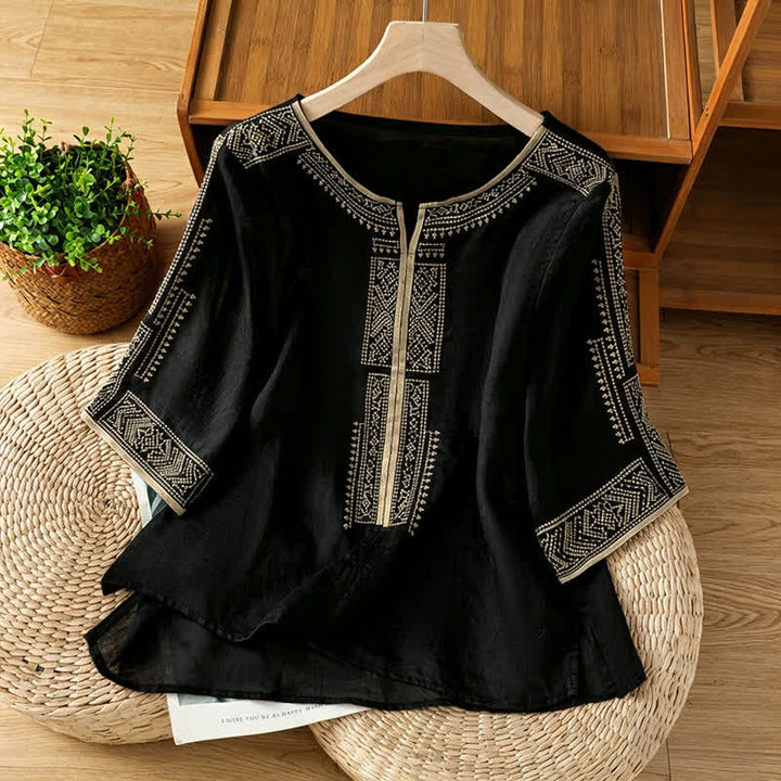 Buddha Stones 夏物 ボヘミアン カジュアル 刺繍入り 幾何学模様 レディース 半袖Tシャツ - 黒 - US8-10, UK/AU12-14, EU40-42 （2XL） - image 0