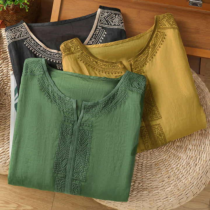 Buddha Stones 夏物 ボヘミアン カジュアル 刺繍入り 幾何学模様 レディース 半袖Tシャツ - image 22