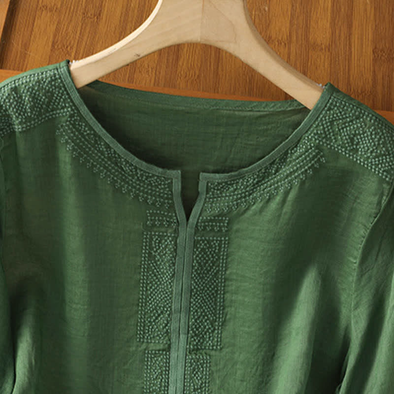 Buddha Stones 夏物 ボヘミアン カジュアル 刺繍入り 幾何学模様 レディース 半袖Tシャツ - image 8