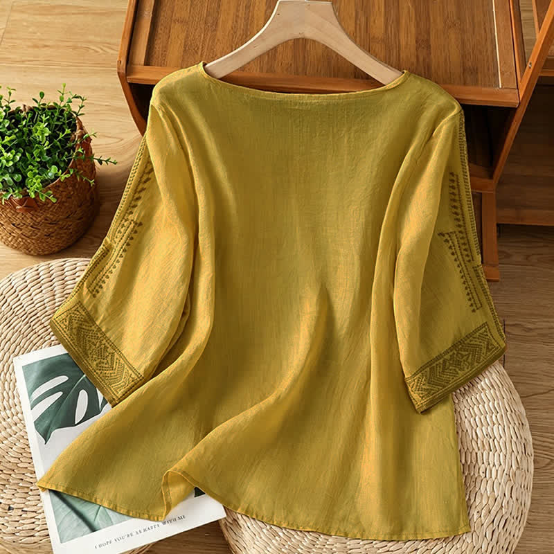 Buddha Stones 夏物 ボヘミアン カジュアル 刺繍入り 幾何学模様 レディース 半袖Tシャツ - image 13