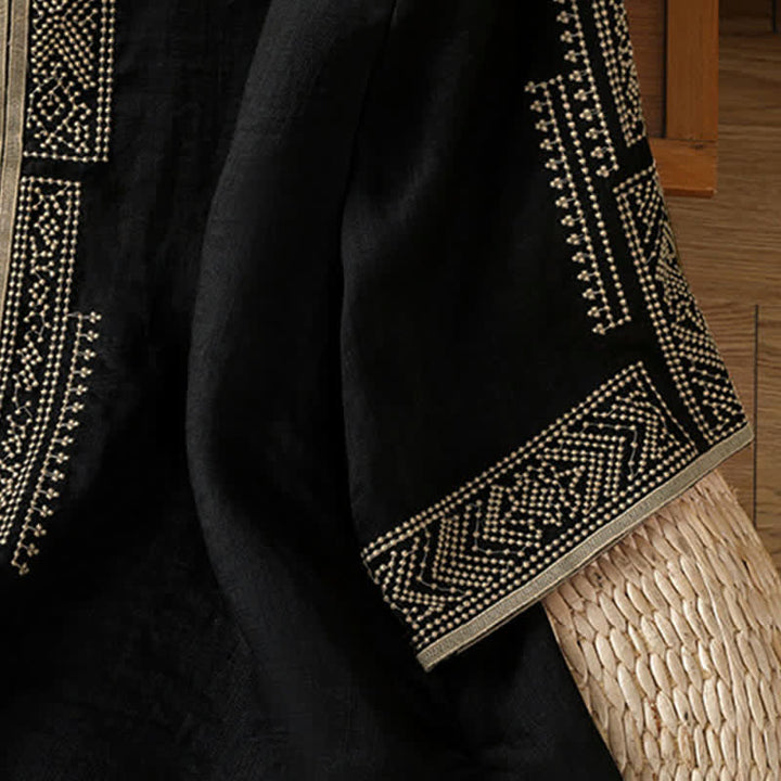 Buddha Stones 夏物 ボヘミアン カジュアル 刺繍入り 幾何学模様 レディース 半袖Tシャツ - image 5