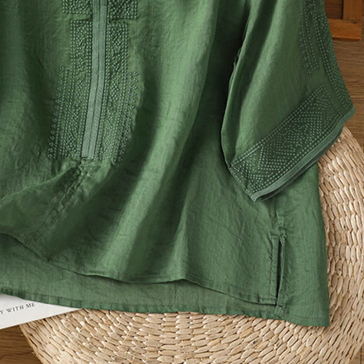 Buddha Stones 夏物 ボヘミアン カジュアル 刺繍入り 幾何学模様 レディース 半袖Tシャツ - image 10