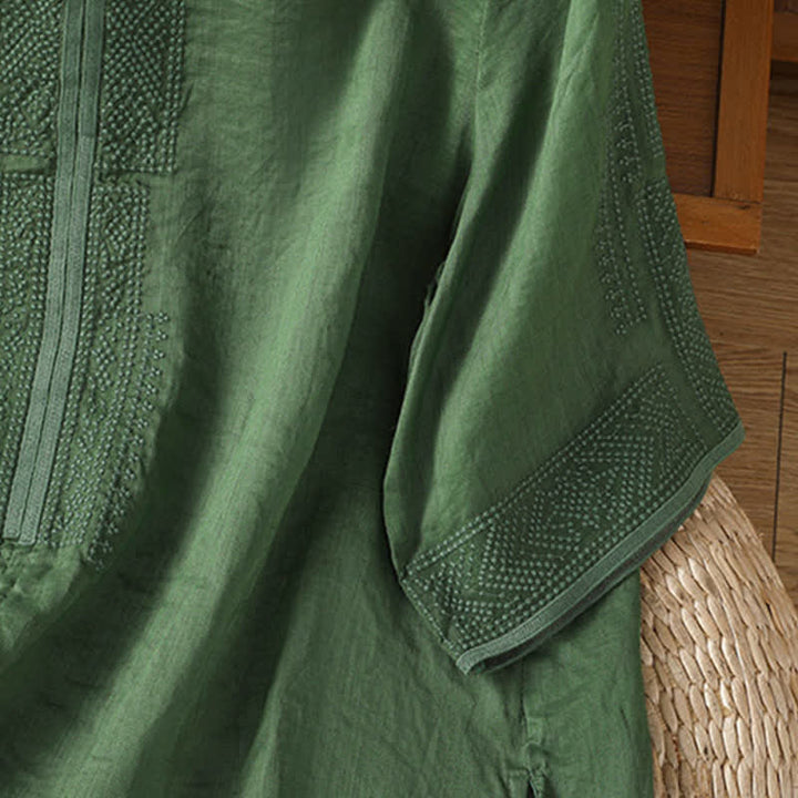 Buddha Stones 夏物 ボヘミアン カジュアル 刺繍入り 幾何学模様 レディース 半袖Tシャツ - image 11