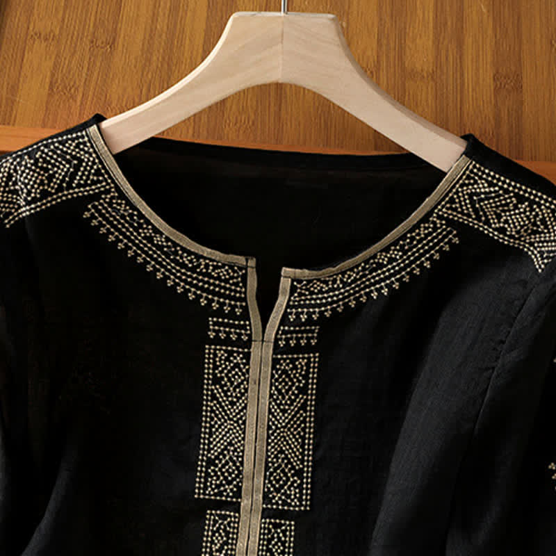 Buddha Stones 夏物 ボヘミアン カジュアル 刺繍入り 幾何学模様 レディース 半袖Tシャツ - image 2