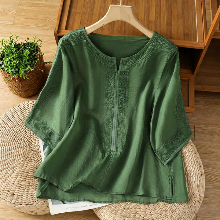 Buddha Stones 夏物 ボヘミアン カジュアル 刺繍入り 幾何学模様 レディース 半袖Tシャツ - ダークオリーブグリーン - US8-10, UK/AU12-14, EU40-42 （2XL） - image 6