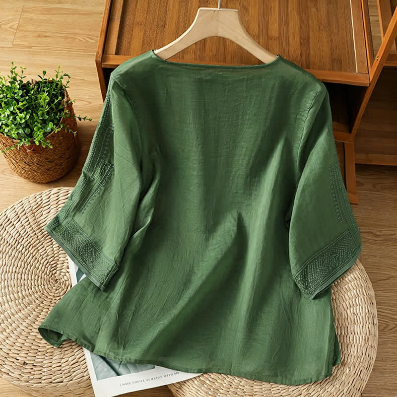 Buddha Stones 夏物 ボヘミアン カジュアル 刺繍入り 幾何学模様 レディース 半袖Tシャツ - image 7