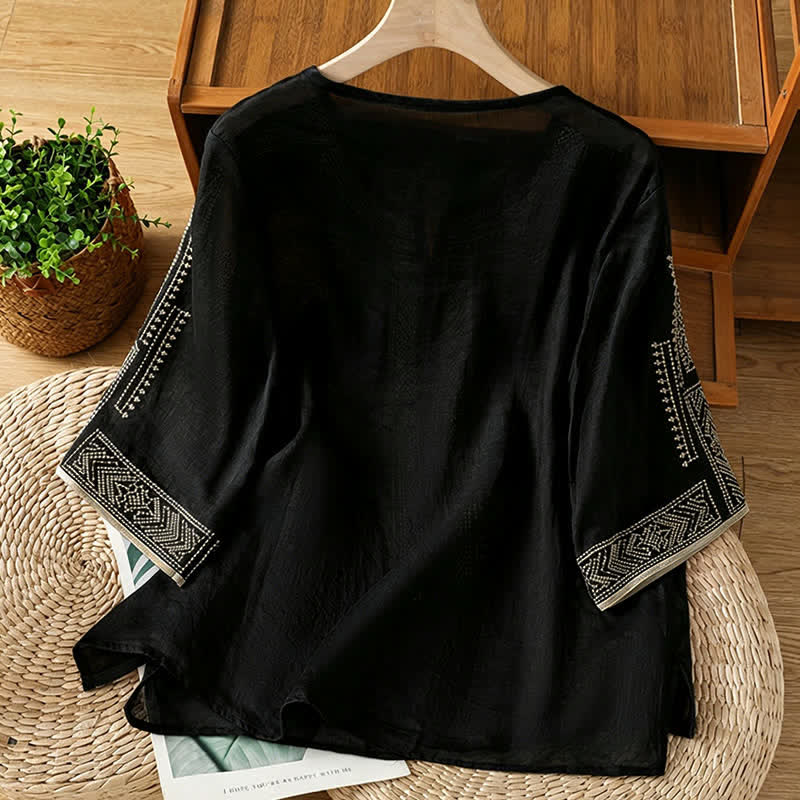 Buddha Stones 夏物 ボヘミアン カジュアル 刺繍入り 幾何学模様 レディース 半袖Tシャツ - image 1