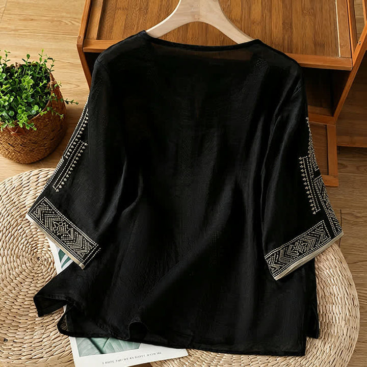 Buddha Stones 夏物 ボヘミアン カジュアル 刺繍入り 幾何学模様 レディース 半袖Tシャツ - image 1