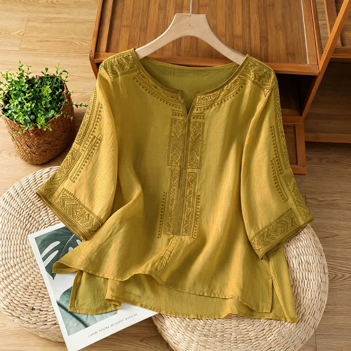 Buddha Stones 夏物 ボヘミアン カジュアル 刺繍入り 幾何学模様 レディース 半袖Tシャツ - ダークカーキ - US8-10, UK/AU12-14, EU40-42 （2XL） - image 12