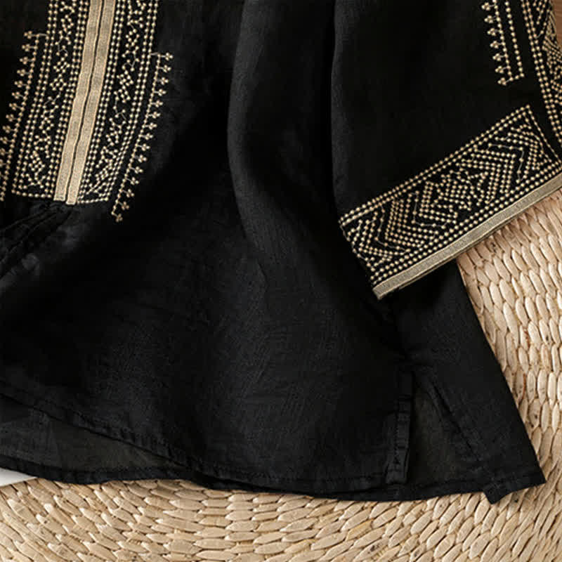 Buddha Stones 夏物 ボヘミアン カジュアル 刺繍入り 幾何学模様 レディース 半袖Tシャツ - image 4