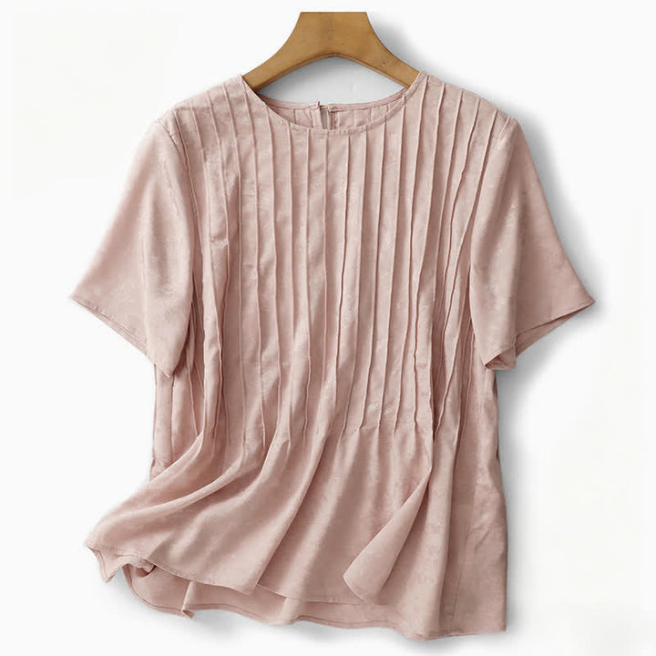 Buddha Stones 夏にぴったりのエレガントなプリーツ入り無地レディース半袖Tシャツ - image 2