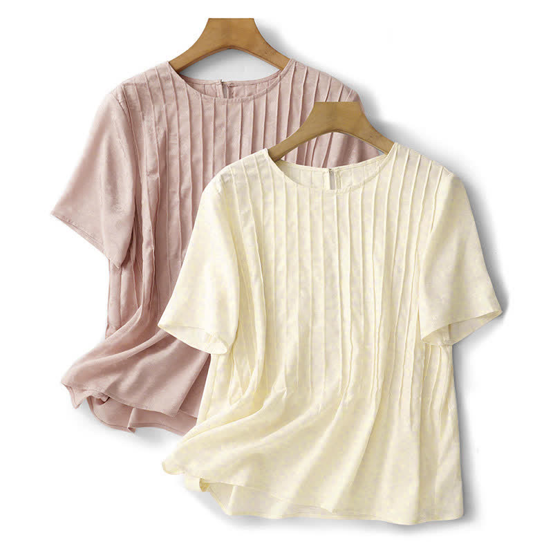 Buddha Stones 夏にぴったりのエレガントなプリーツ入り無地レディース半袖Tシャツ - image 21