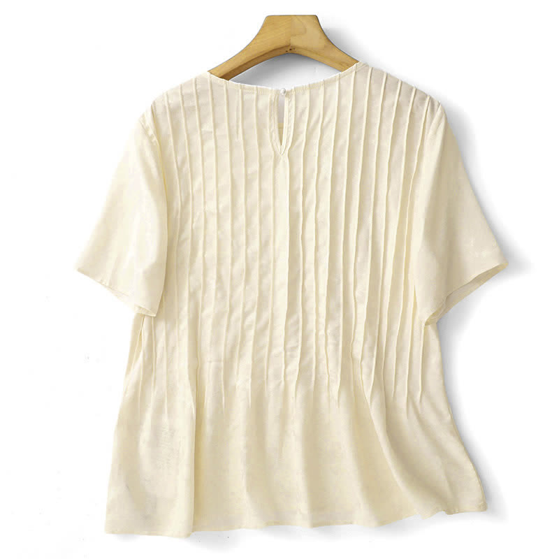 Buddha Stones 夏にぴったりのエレガントなプリーツ入り無地レディース半袖Tシャツ - image 11