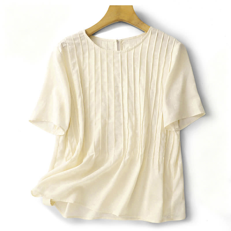 Buddha Stones 夏にぴったりのエレガントなプリーツ入り無地レディース半袖Tシャツ - image 10