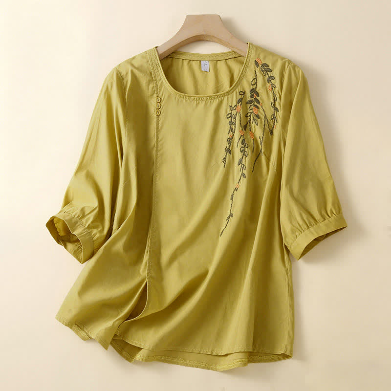 Buddha Stones 夏物カジュアルクルーネック刺繍フラワー柄レディース半袖Tシャツ - ペールゴールデンロッド - US14、 UK/AU18、 EU46 (4XL) - image 6