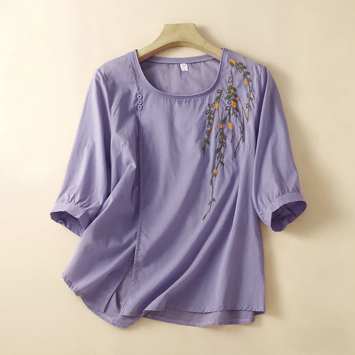 Buddha Stones 夏物カジュアルクルーネック刺繍フラワー柄レディース半袖Tシャツ - ラベンダー - US14、 UK/AU18、 EU46 (4XL) - image 0