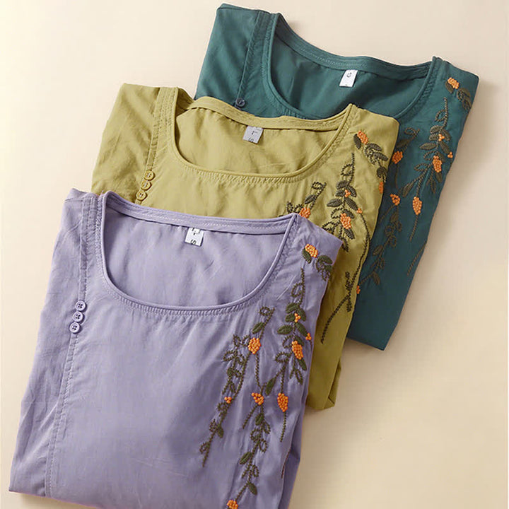 Buddha Stones 夏物カジュアルクルーネック刺繍フラワー柄レディース半袖Tシャツ - image 16