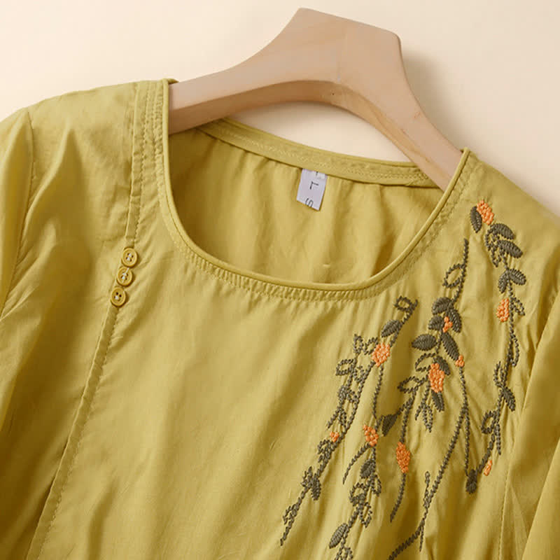 Buddha Stones 夏物カジュアルクルーネック刺繍フラワー柄レディース半袖Tシャツ - image 8