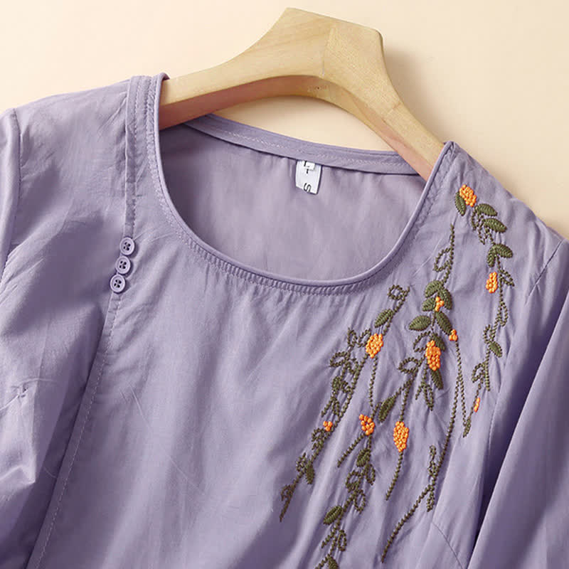 Buddha Stones 夏物カジュアルクルーネック刺繍フラワー柄レディース半袖Tシャツ - image 1