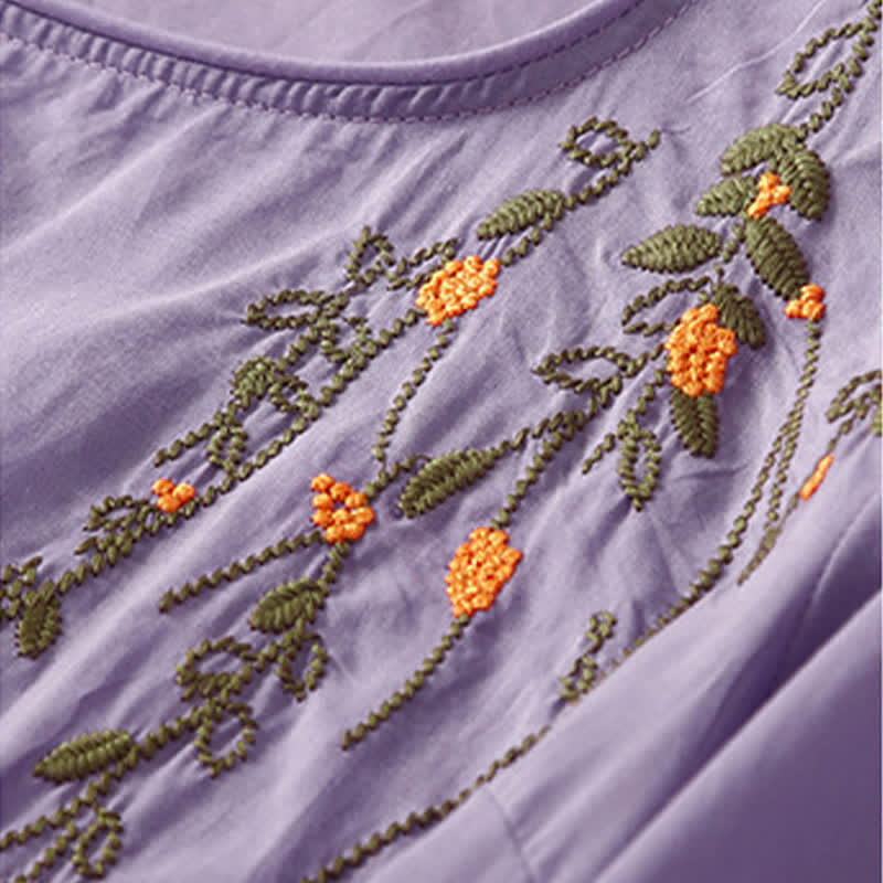 Buddha Stones 夏物カジュアルクルーネック刺繍フラワー柄レディース半袖Tシャツ - image 2