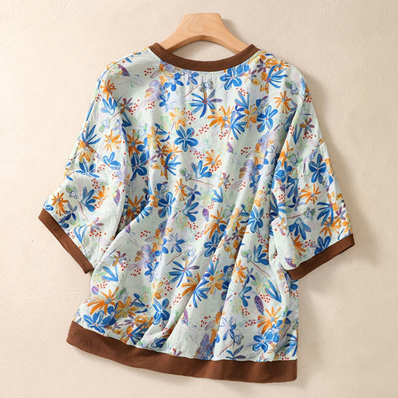 Buddha Stones 夏物ヴィンテージクルーネック花柄プリントレディース半袖Tシャツ - image 22