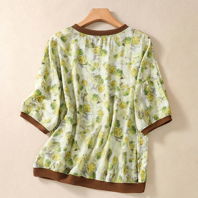 Buddha Stones 夏物ヴィンテージクルーネック花柄プリントレディース半袖Tシャツ - image 8