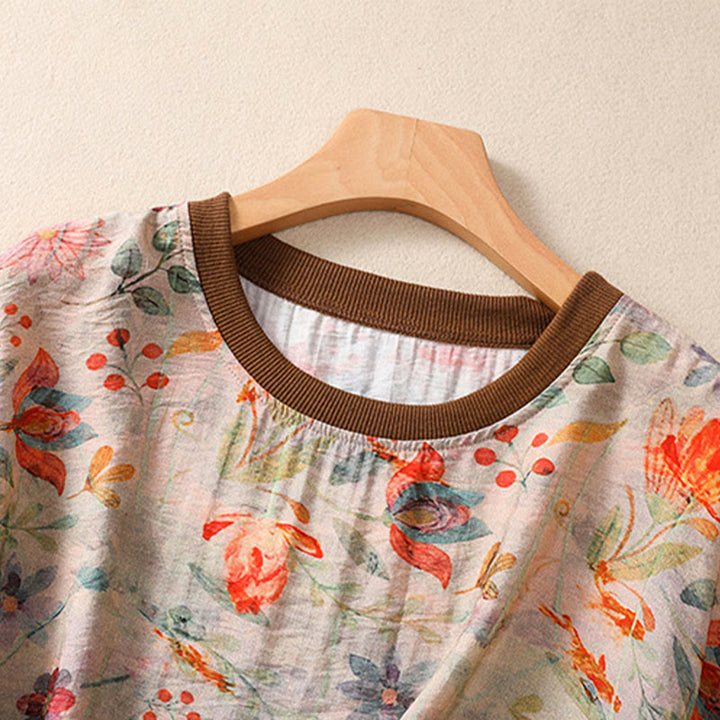 Buddha Stones 夏物ヴィンテージクルーネック花柄プリントレディース半袖Tシャツ - image 2