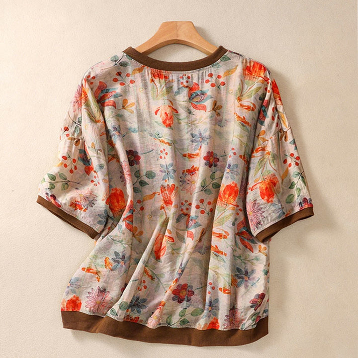 Buddha Stones 夏物ヴィンテージクルーネック花柄プリントレディース半袖Tシャツ - image 1