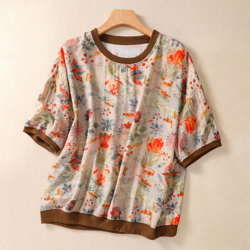 Buddha Stones 夏物ヴィンテージクルーネック花柄プリントレディース半袖Tシャツ - 小麦 - US14、 UK/AU18、 EU46 (2XL) - image 0