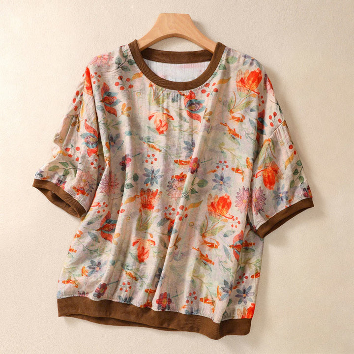 Buddha Stones 夏物ヴィンテージクルーネック花柄プリントレディース半袖Tシャツ - 小麦 - US14、 UK/AU18、 EU46 (2XL) - image 0