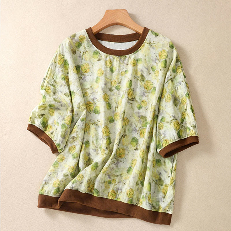 Buddha Stones 夏物ヴィンテージクルーネック花柄プリントレディース半袖Tシャツ - 黄緑 - US14、 UK/AU18、 EU46 (2XL) - image 7