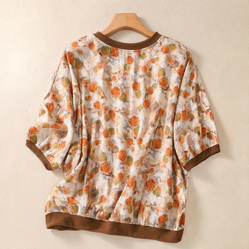 Buddha Stones 夏物ヴィンテージクルーネック花柄プリントレディース半袖Tシャツ - image 15