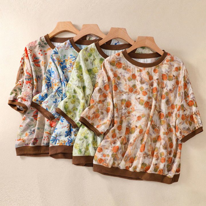 Buddha Stones 夏物ヴィンテージクルーネック花柄プリントレディース半袖Tシャツ - image 24