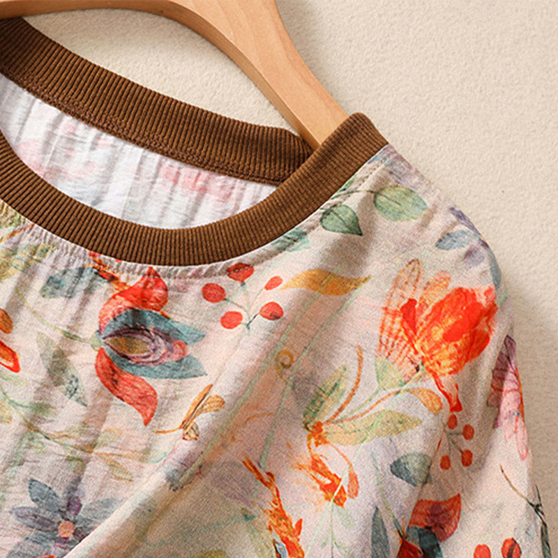Buddha Stones 夏物ヴィンテージクルーネック花柄プリントレディース半袖Tシャツ - image 3