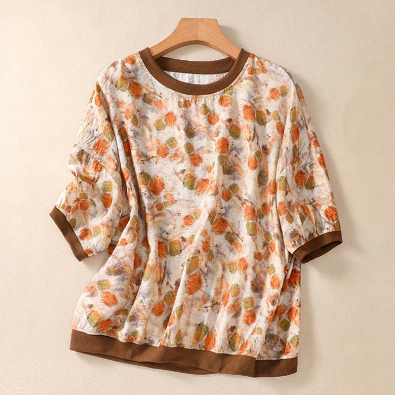 Buddha Stones 夏物ヴィンテージクルーネック花柄プリントレディース半袖Tシャツ - モカシン - US14、 UK/AU18、 EU46 (2XL) - image 14