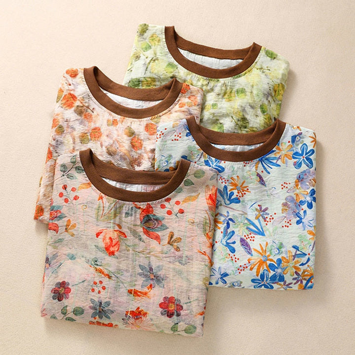 Buddha Stones 夏物ヴィンテージクルーネック花柄プリントレディース半袖Tシャツ - image 25