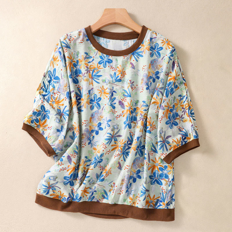 Buddha Stones 夏物ヴィンテージクルーネック花柄プリントレディース半袖Tシャツ - 水色 - US14、 UK/AU18、 EU46 (2XL) - image 21
