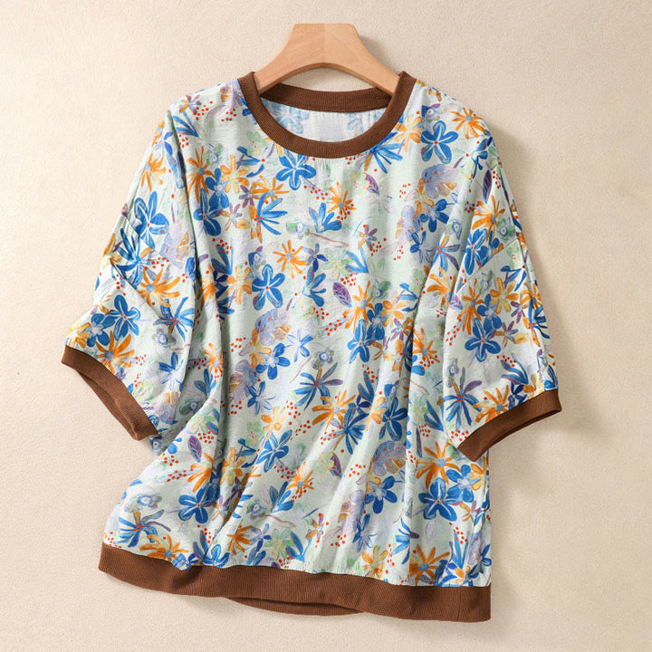 Buddha Stones 夏物ヴィンテージクルーネック花柄プリントレディース半袖Tシャツ - 水色 - US14、 UK/AU18、 EU46 (2XL) - image 21