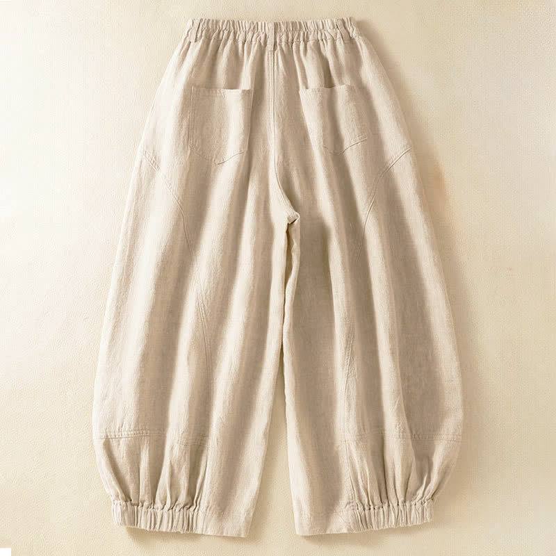 Buddha Stones 夏物カジュアル無地クロップド丈ゴムウエストレディースハーレムパンツ（ポケット付き） - image 1