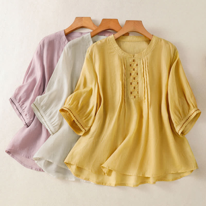 Buddha Stones 夏物カジュアル無地刺繍プリーツフロントレディース半袖Tシャツ - image 22