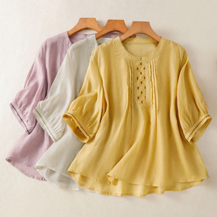 Buddha Stones 夏物カジュアル無地刺繍プリーツフロントレディース半袖Tシャツ - image 22